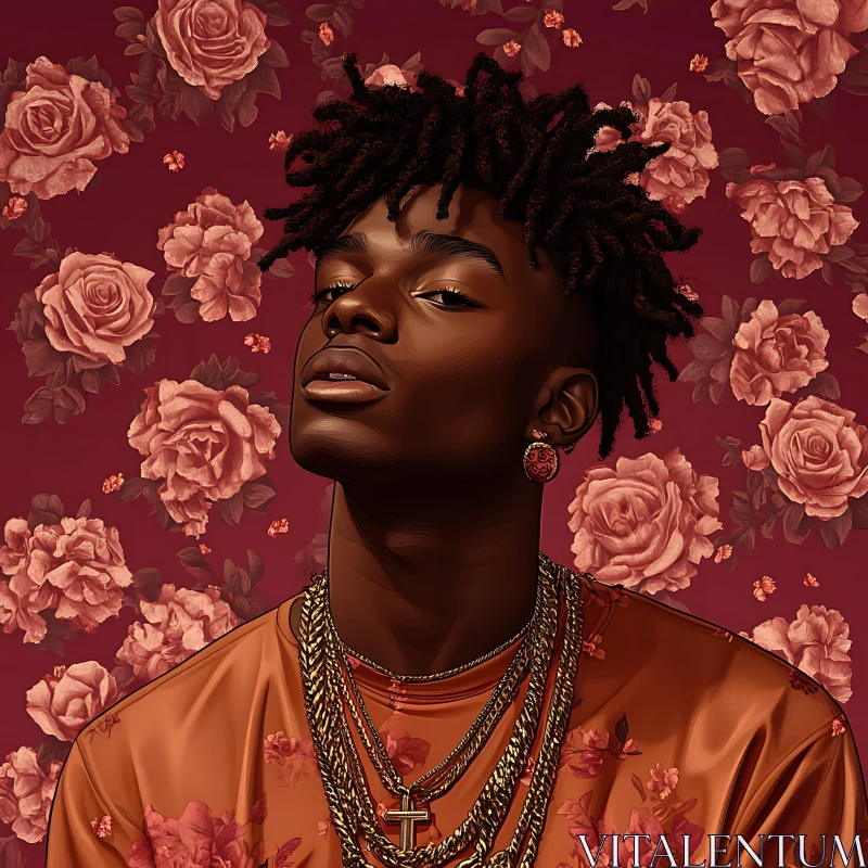 Individual with Gold Chains and Rose Background AI Image