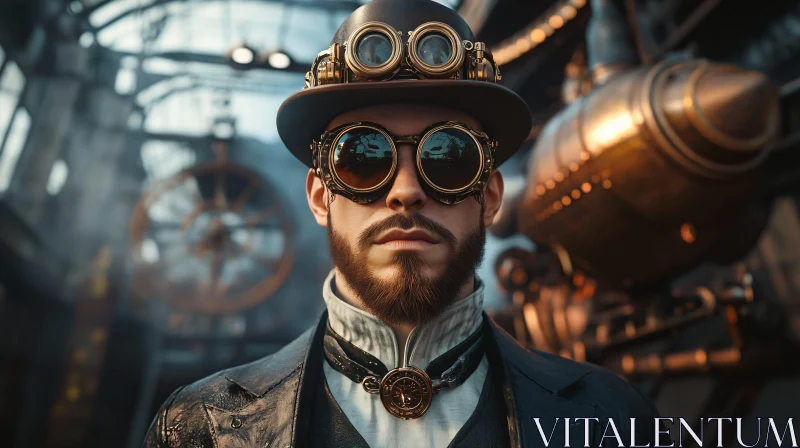 Victorian Steampunk Gentleman in Mechanical Workshop AI Image