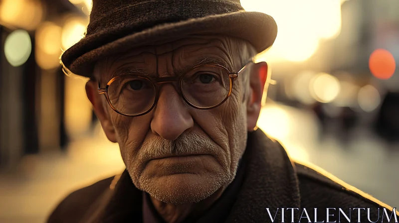 Elderly Man's Intense Gaze in Golden Street Light AI Image