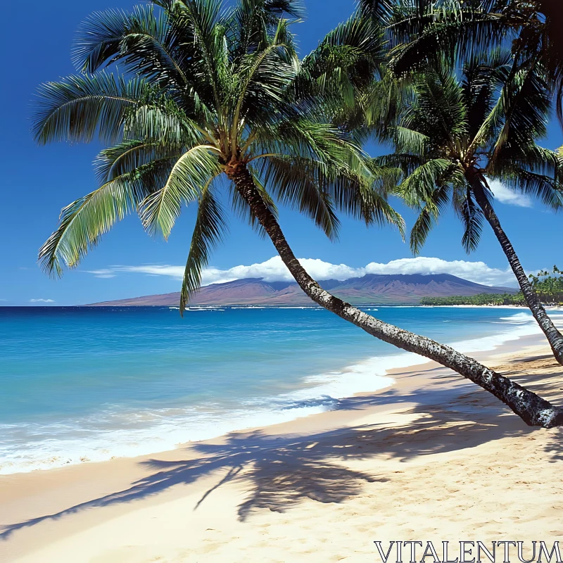 AI ART Serene Island Beach with Palms and Mountains