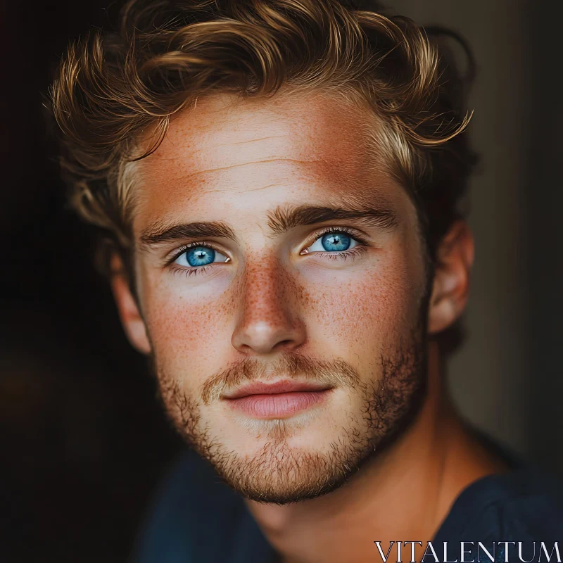 Striking Blue-Eyed Man with Freckles and Beard AI Image