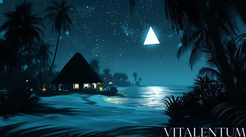 Nighttime Tropical Beach with Illuminated Hut and Starry Sky AI Image