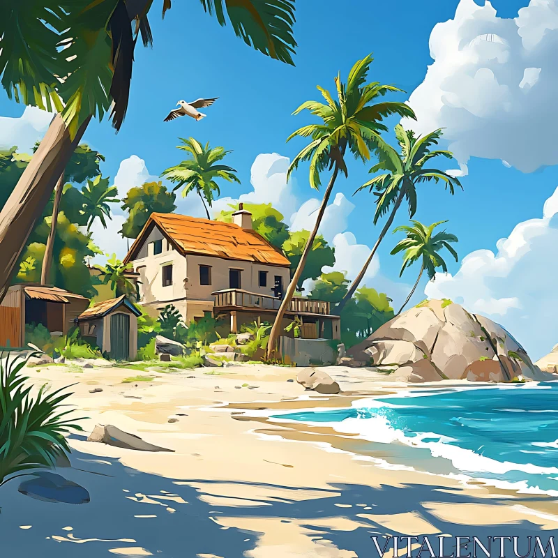 Tropical Beach Scene with House and Palms AI Image