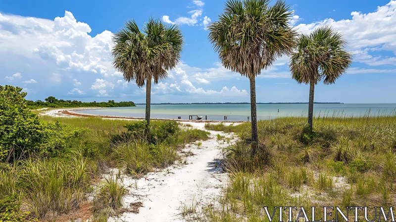 Peaceful Beach Scene with Palm Trees and Ocean AI Image