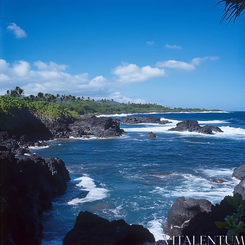 AI ART Tropical Coastline with Black Rocks and Blue Waves