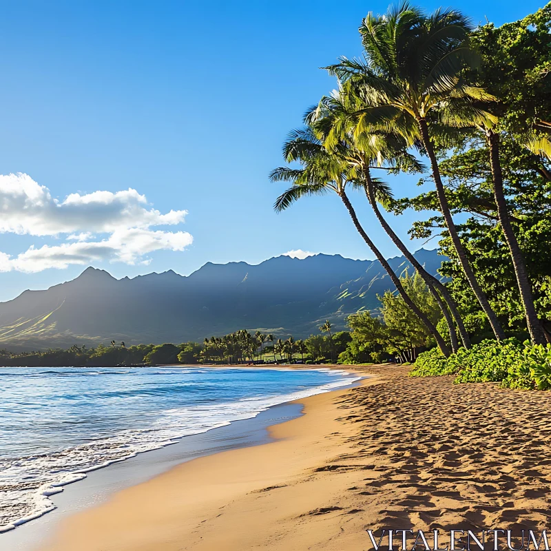 Tropical Beach Scene with Golden Sands and Palm Trees AI Image