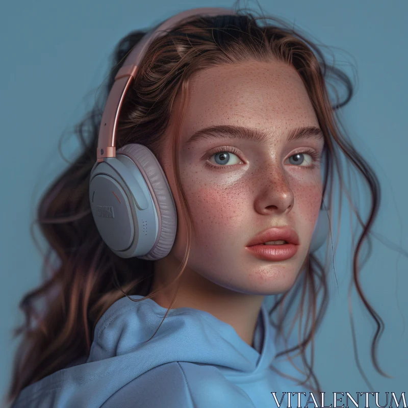 AI ART Freckled Woman in Blue Hoodie with Headphones