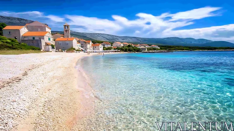 Idyllic Coastal Village with Clear Blue Sea and Sandy Shore AI Image