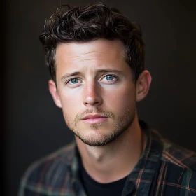 Young Man with Blue Eyes in Plaid Shirt