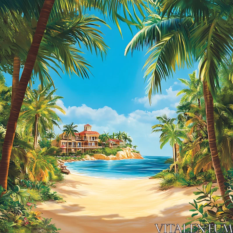 Tropical Island Villa and Beach Scene AI Image