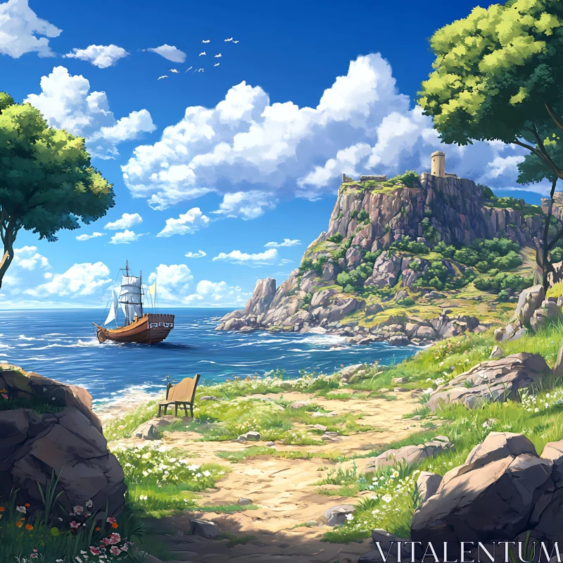 Peaceful Ocean View with Sailing Ship and Rocky Cliff