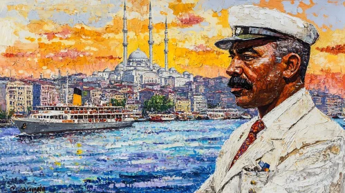 Cityscape with Mosque, Ship, and Captain