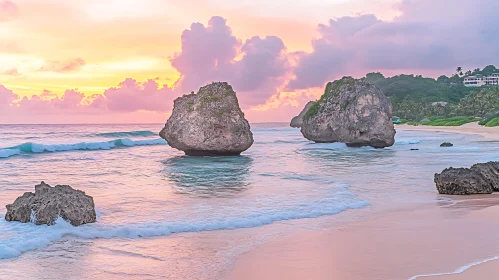 Beach Sunset: Rocks, Waves, and Scenic Sky