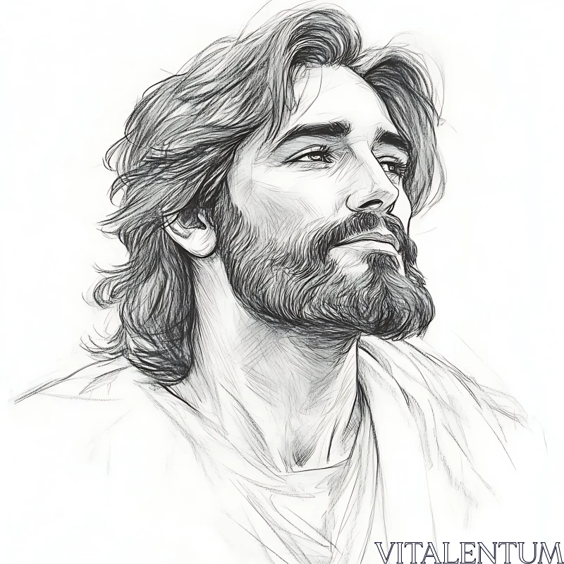 Pensive Gaze of a Bearded Man - Detailed Sketch AI Image