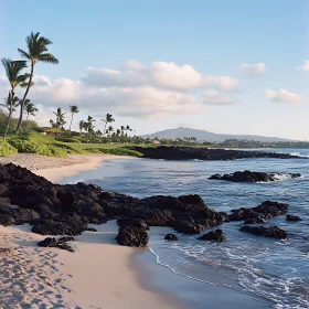 Tropical Island Coastline with Palm Trees and Mountains