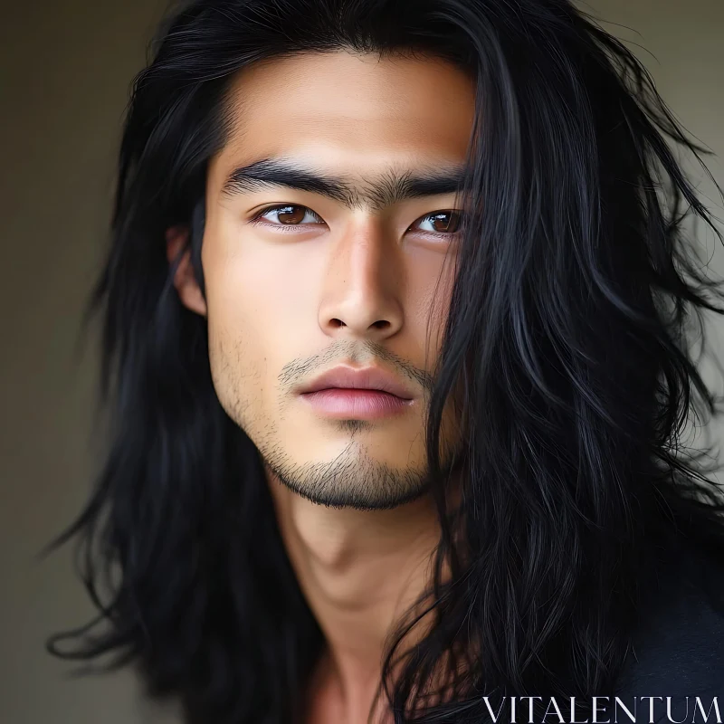 Serene Man with Long Black Hair AI Image