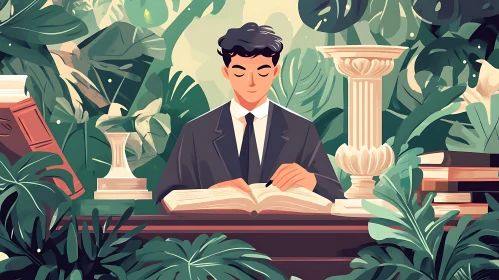 Man Reading Surrounded by Nature's Serenity