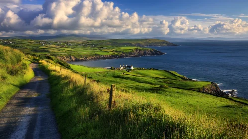 Serene Coastal Scene with Green Hills and Ocean