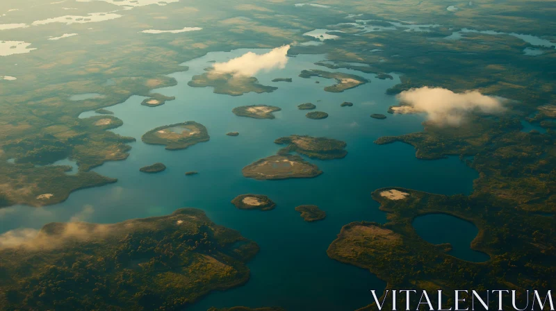 Emerald Lakes with Islands and Clouds from Above