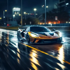Fast Supercar on Wet Road at Night