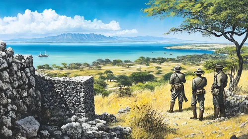 Explorers Overlooking Coastal Landscape from Ruins