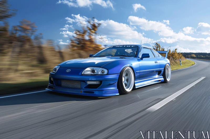 High-Speed Blue Car on Road AI Image