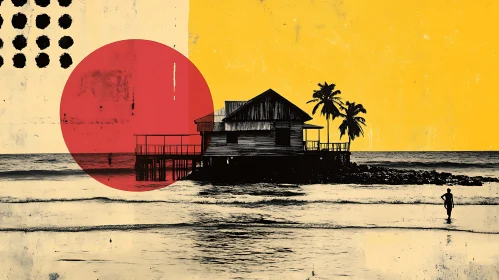 Beach Scene with Wooden Cottage and Red Sun
