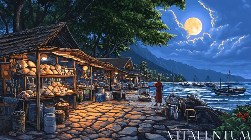 Rustic Seaside Village Market at Night