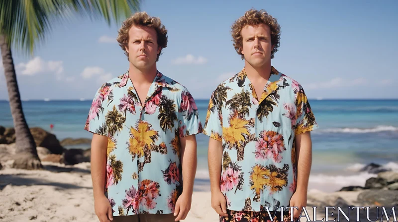 Identical Twins Enjoying a Beach Day in Tropical Attire