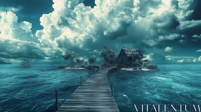 Stormy Seascape with Cabin and Wooden Pier AI Image