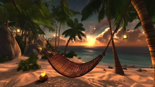 Serene Island Sunset with Hammock