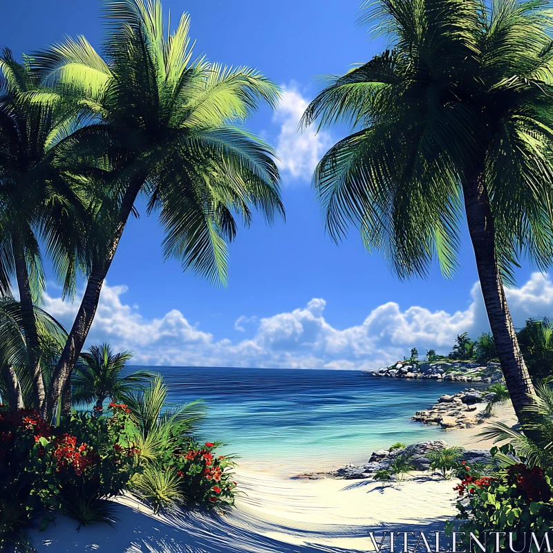 Tropical Paradise Scene with Palm Trees and Blue Ocean AI Image