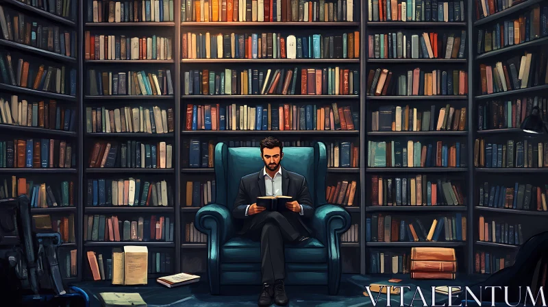 Man Immersed in Reading in an Elegant Library AI Image