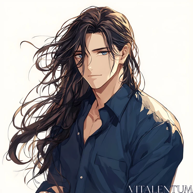 Anime Portrait of a Long-Haired Man AI Image