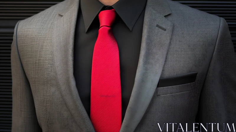 Close-Up Fashion: Grey Suit and Red Tie AI Image