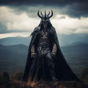 Ominous Warrior in a Misty Landscape