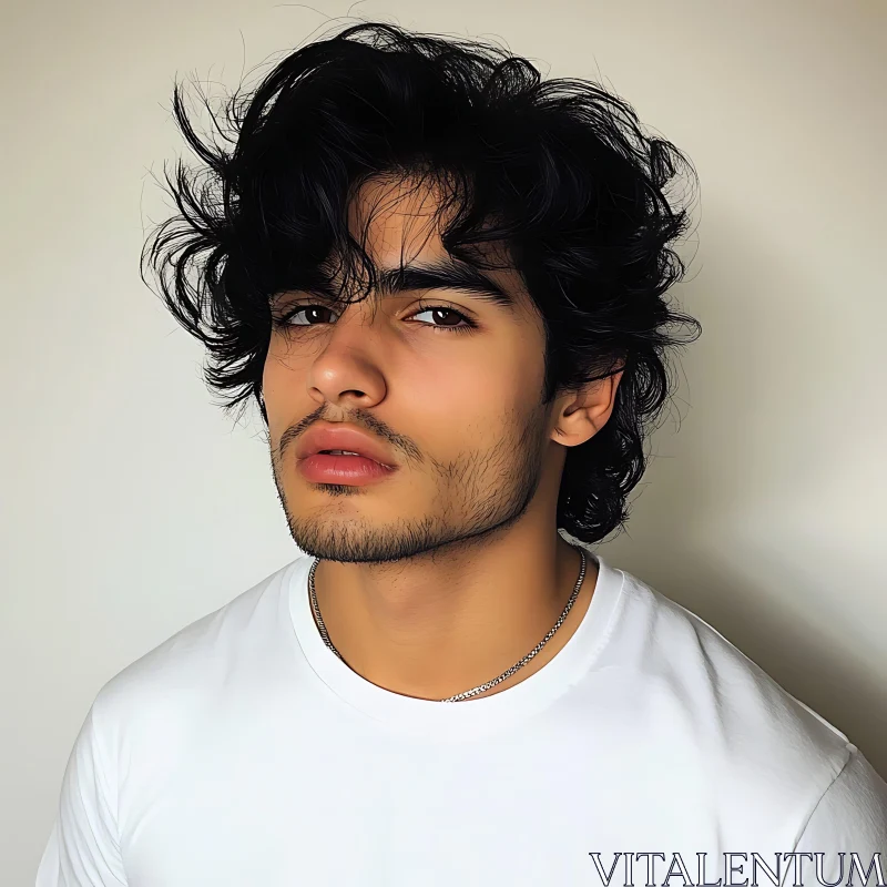 Pensive Young Man with Curly Hair in White Shirt AI Image