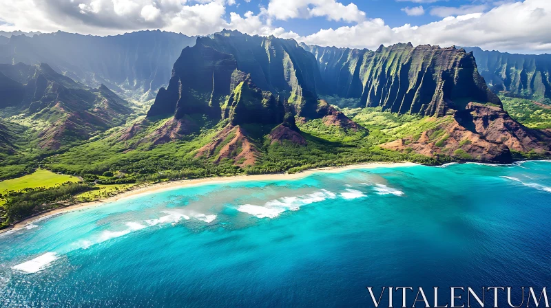 Idyllic Beach with Verdant Mountains and Clear Ocean AI Image