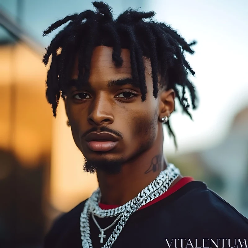 Portrait of a Young Man with Dreadlocks and Fashion Jewelry AI Image