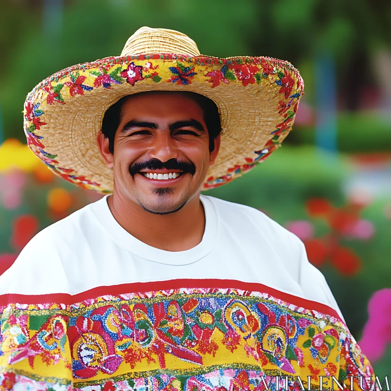 Man with Embroidered Poncho and Decorated Hat Smiling AI Image