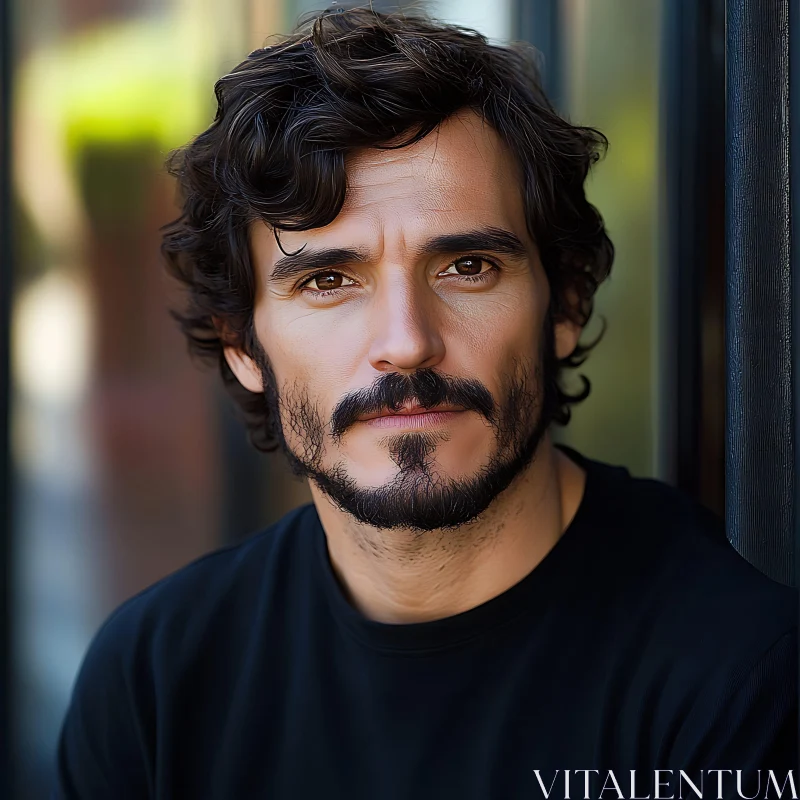 Close-Up of a Man with Wavy Hair and Beard AI Image