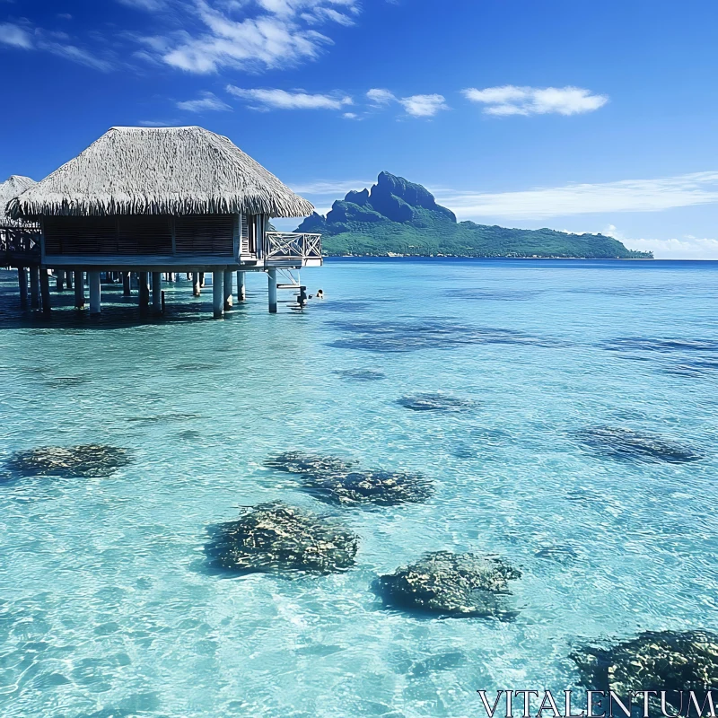 Tropical Island Paradise with Overwater Bungalows AI Image