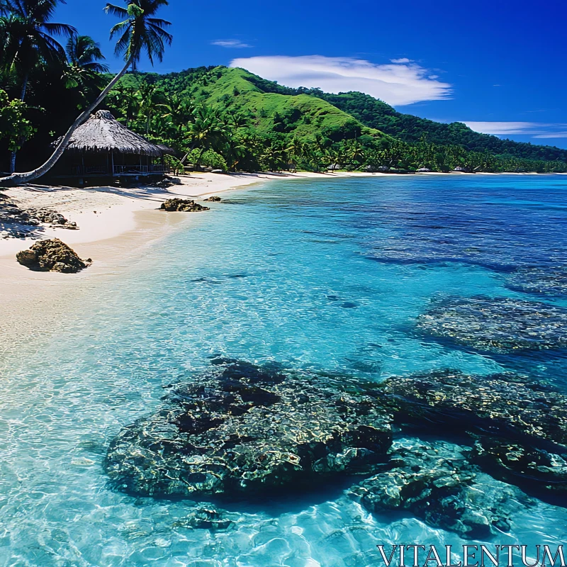 Serene Tropical Beach with Lush Green Hills AI Image