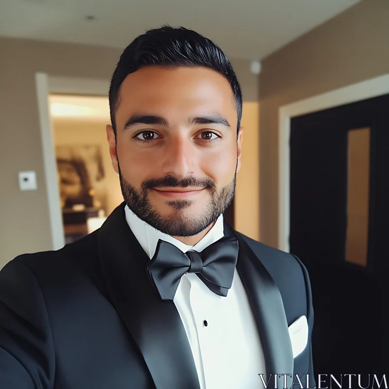 Portrait of a Man in a Black Tuxedo with Bow Tie AI Image