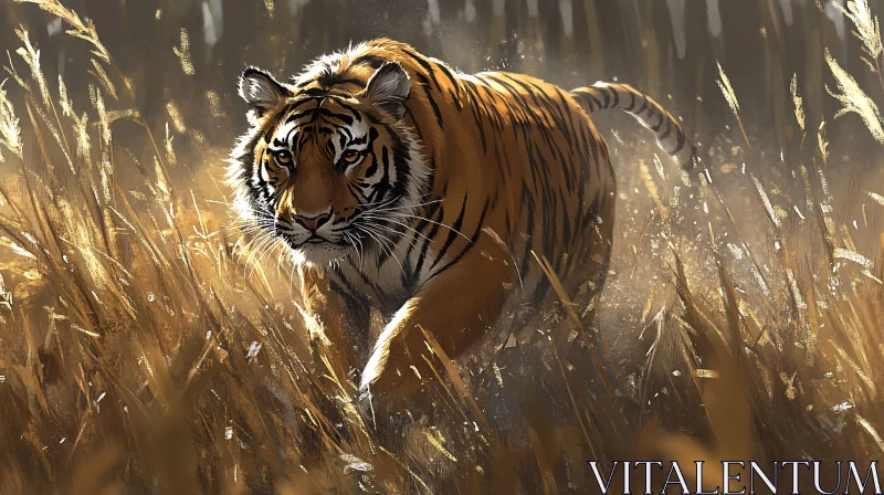 Wild Tiger in Golden Grass AI Image