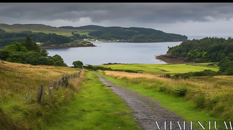 Serene Pathway Through Lush Fields to a Quiet Lake AI Image