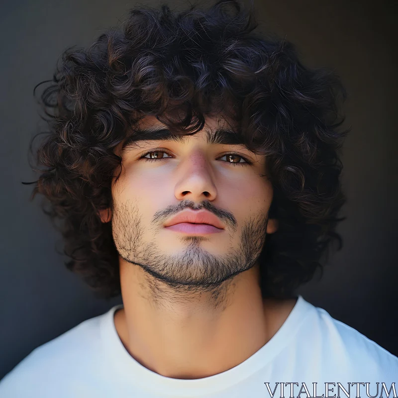 Intense Gaze of a Curly-Haired Young Man AI Image