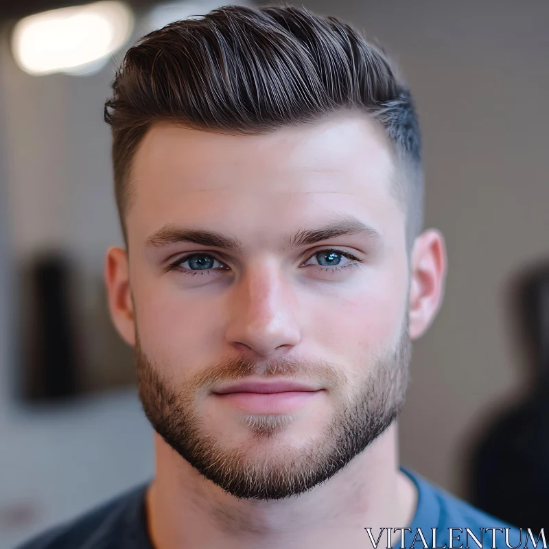 Man with Blue Eyes and Groomed Beard in a Close-Up Portrait AI Image