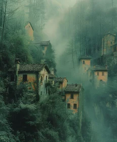 Ethereal Forest Village Enveloped in Mist