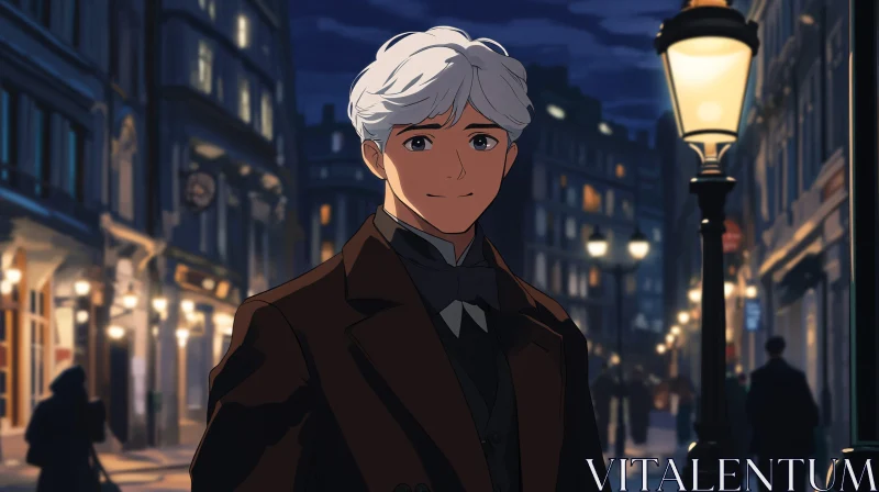 Anime Night Scene with White-Haired Character AI Image